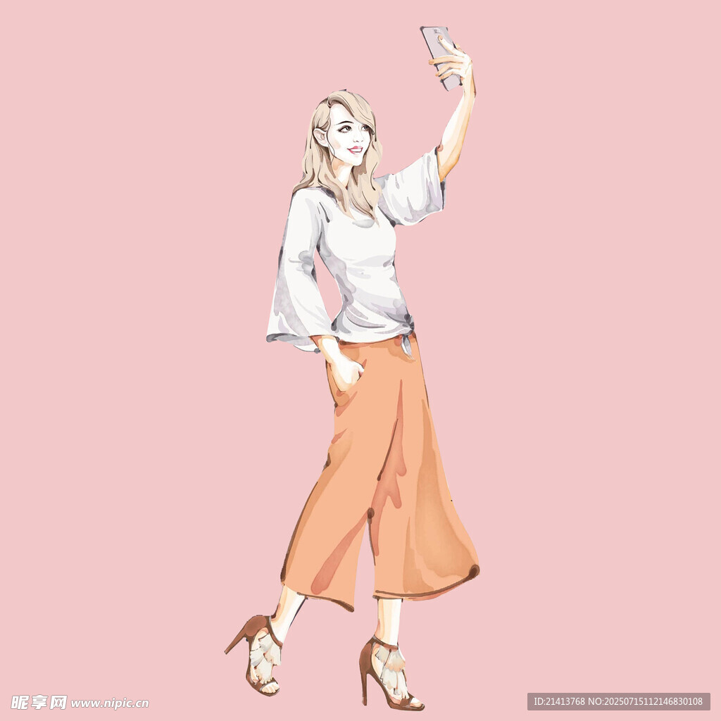 时尚女子抬手自拍瞬间