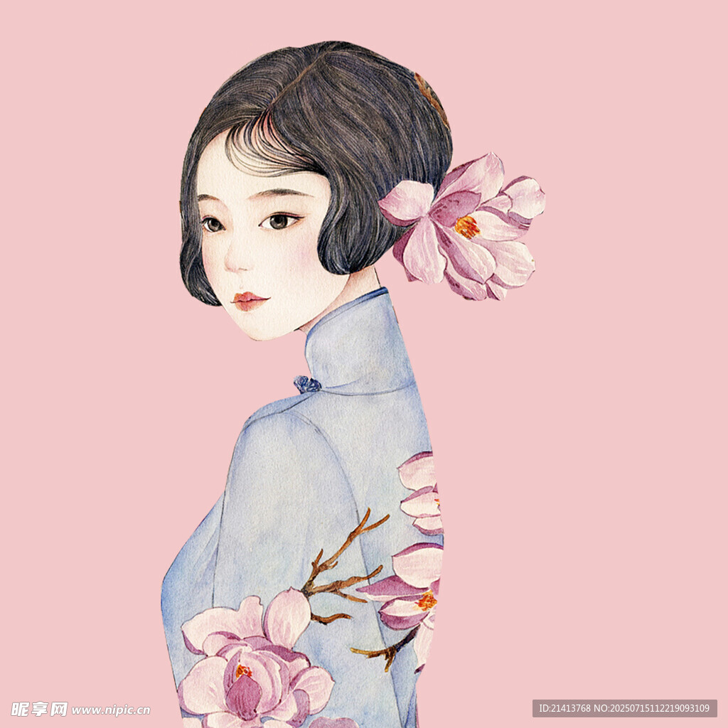 身着旗袍的古典短发女子