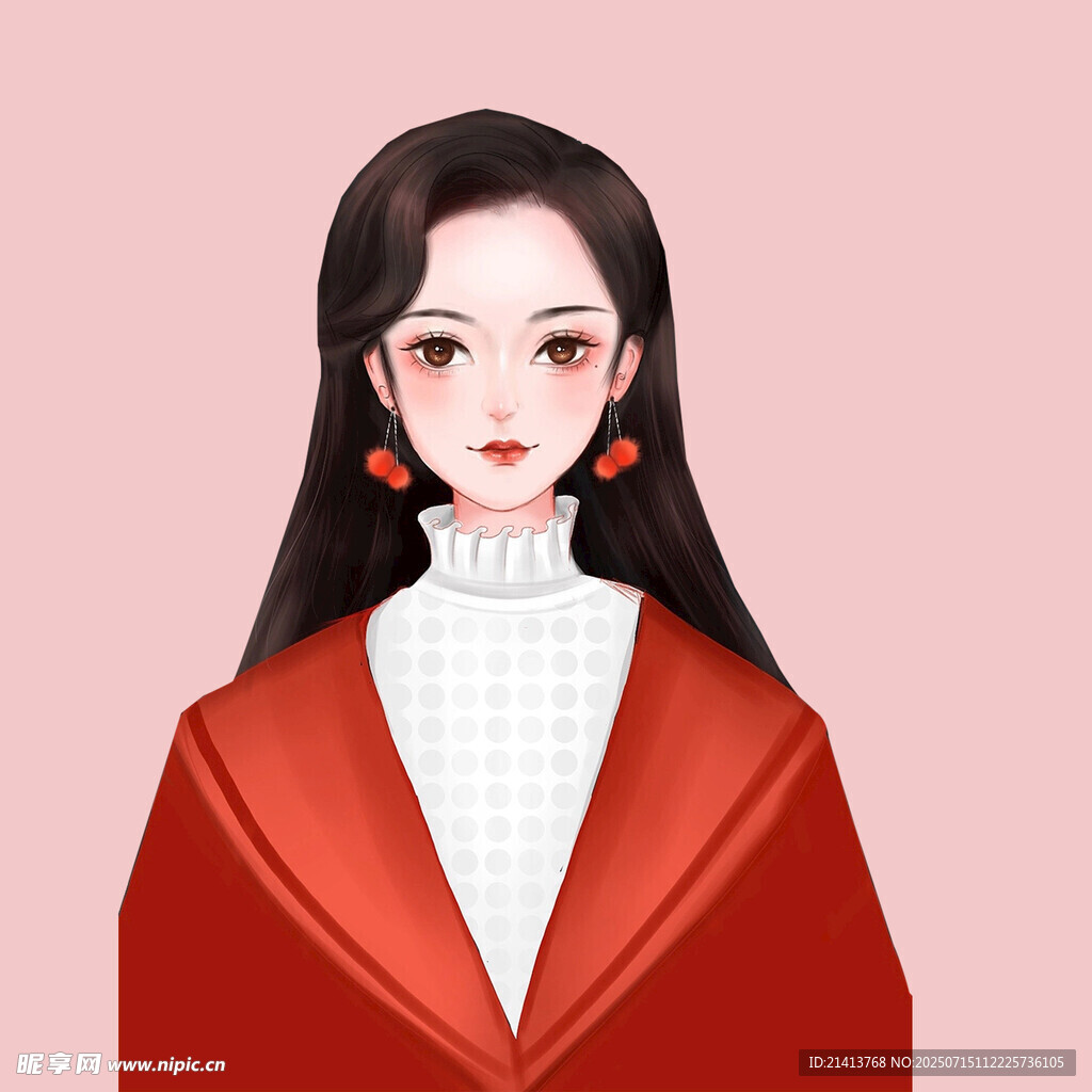 红衣披肩的优雅长发女子
