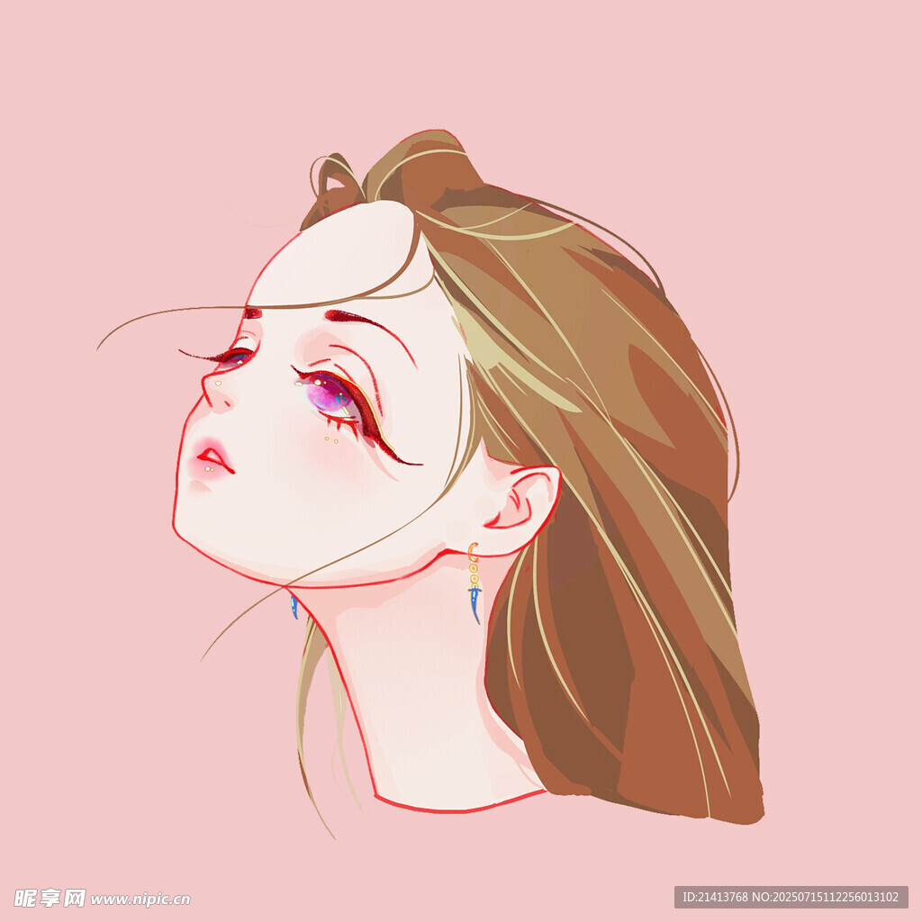 闭眼长发女孩唯美插画