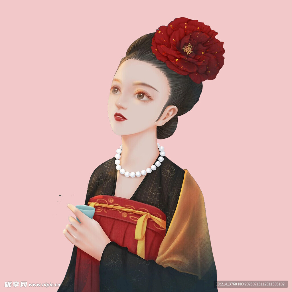 古风女子手持折扇戴红花