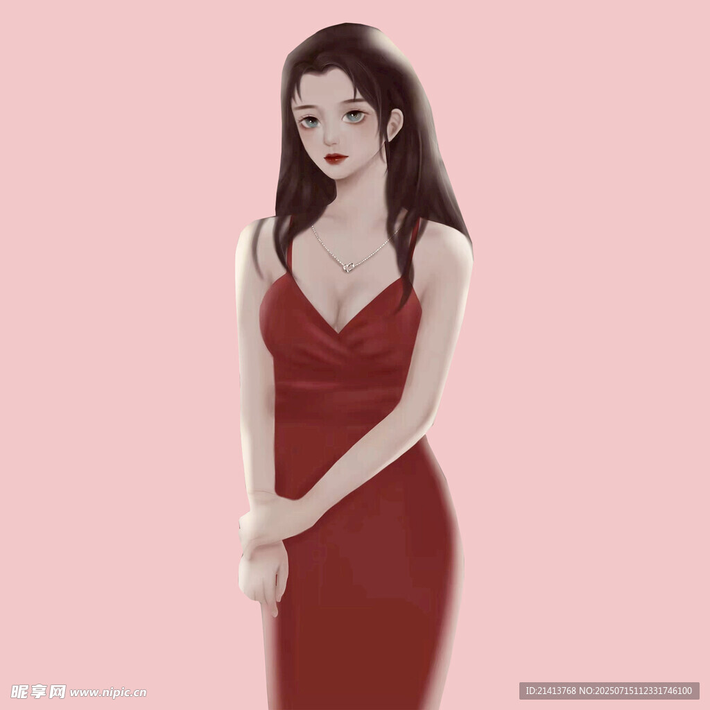 穿红裙的优雅女性