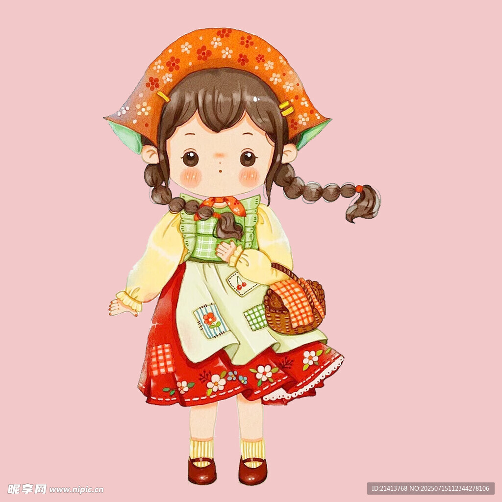 可爱田园风扎辫女孩插画