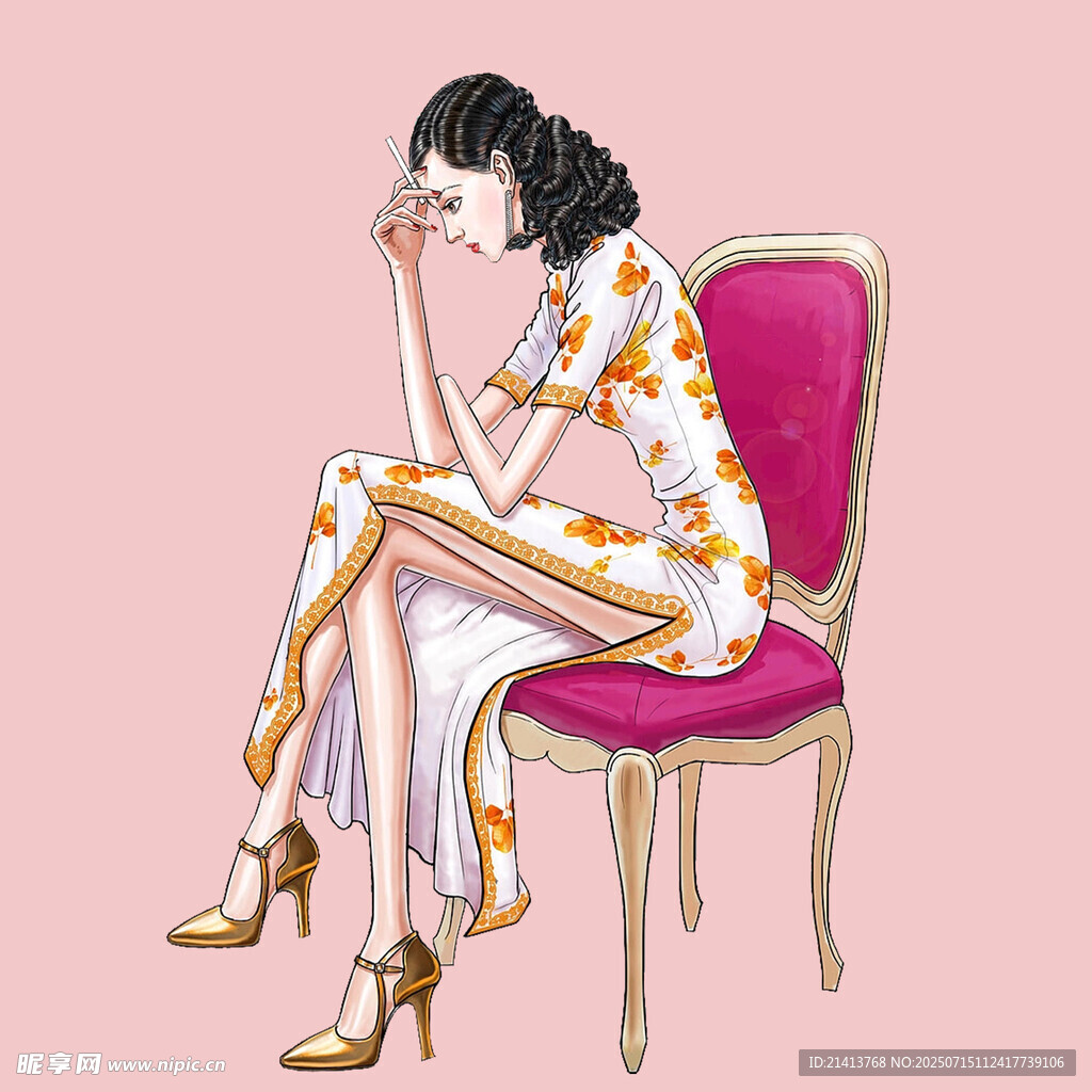 复古女郎优雅坐于粉椅上
