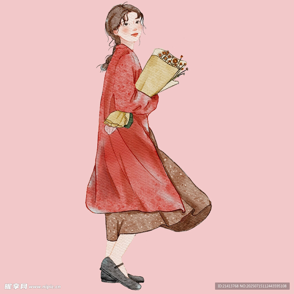 红衣女子手持书卷侧身而立
