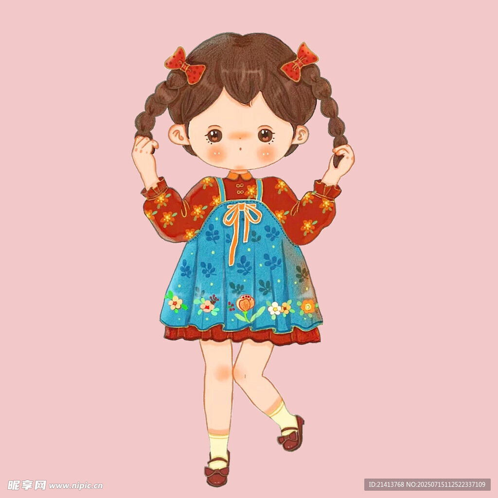 扎辫花裙小女孩