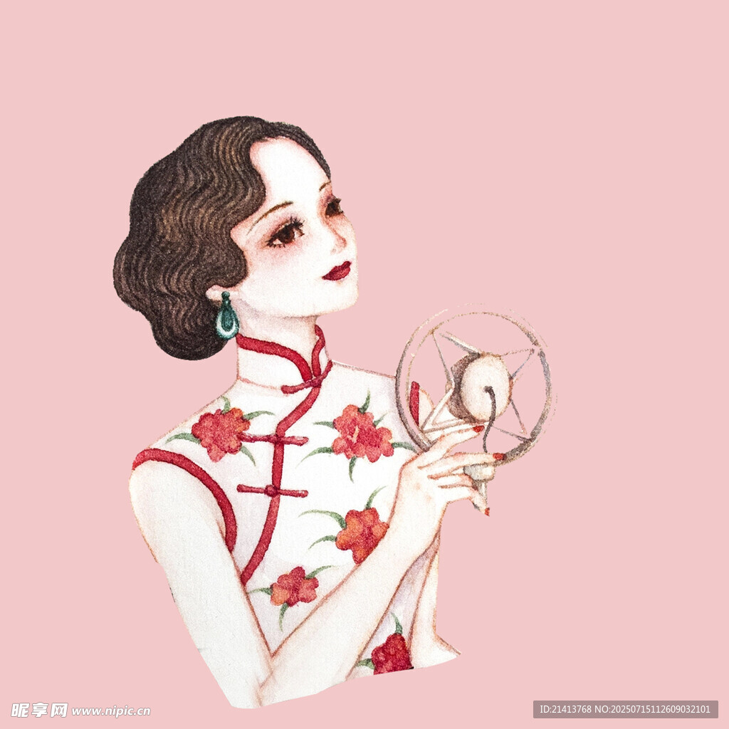 古典旗袍女子持镜自赏
