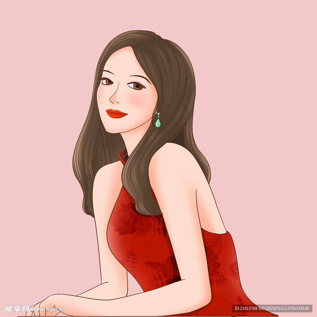 红衣女子优雅坐姿插画