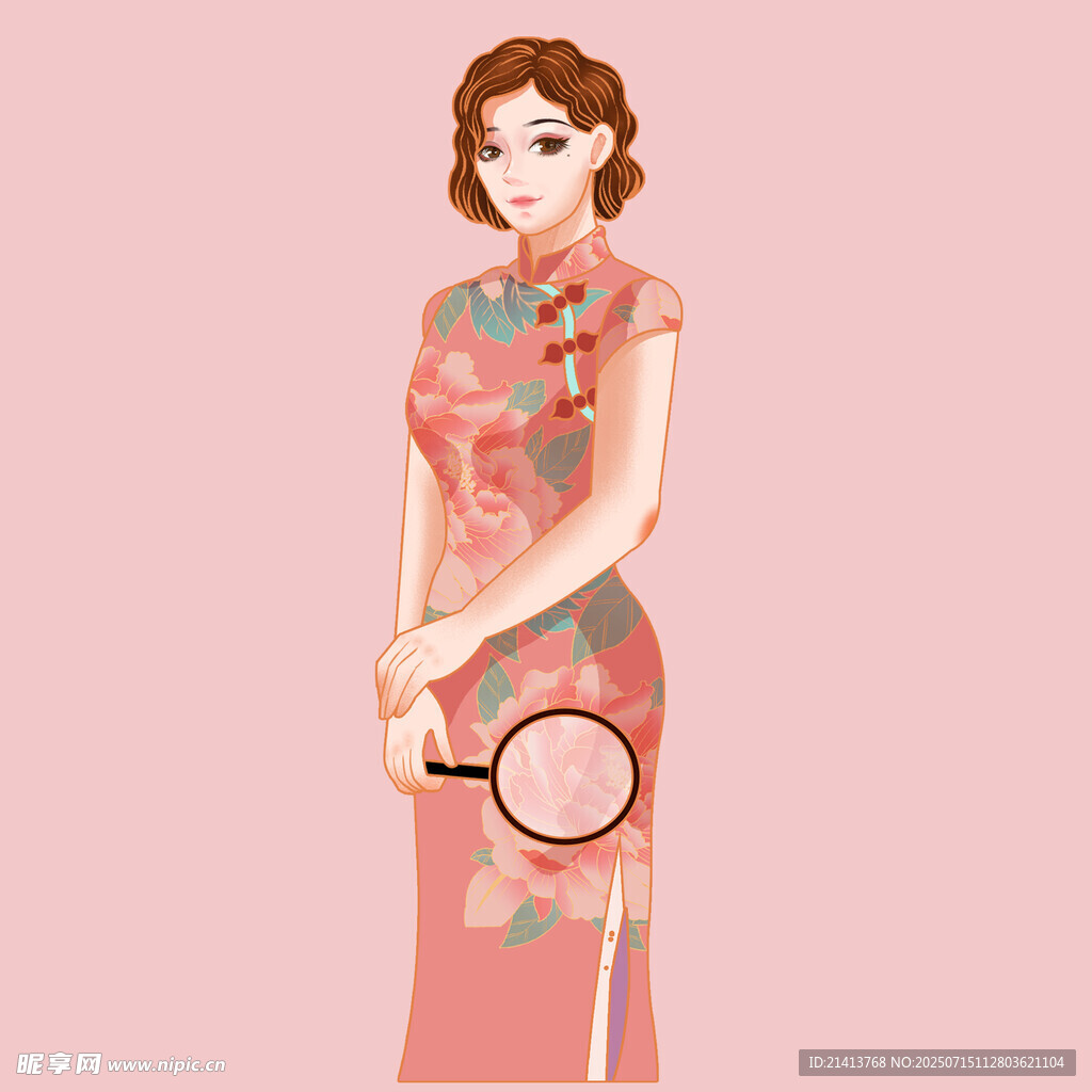 古典旗袍女子手持圆扇