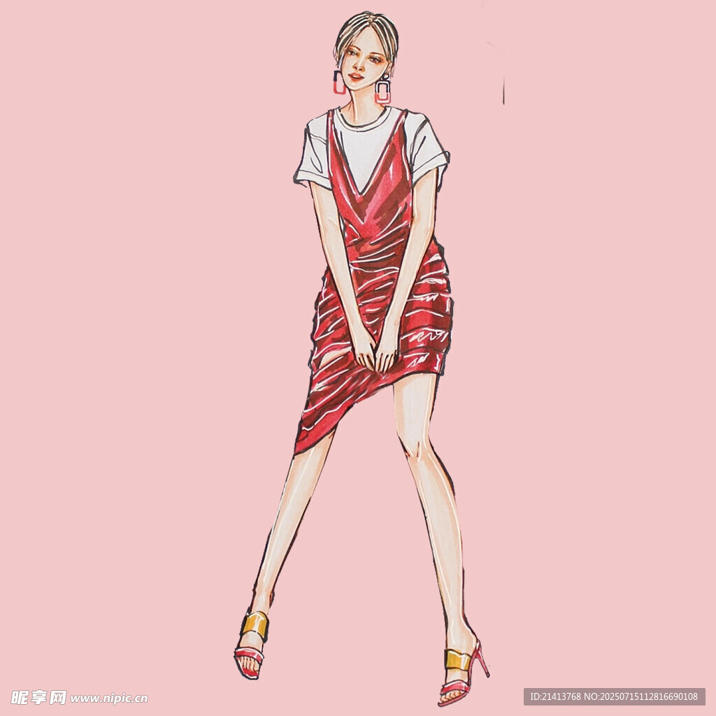 时尚红裙女性插画设计