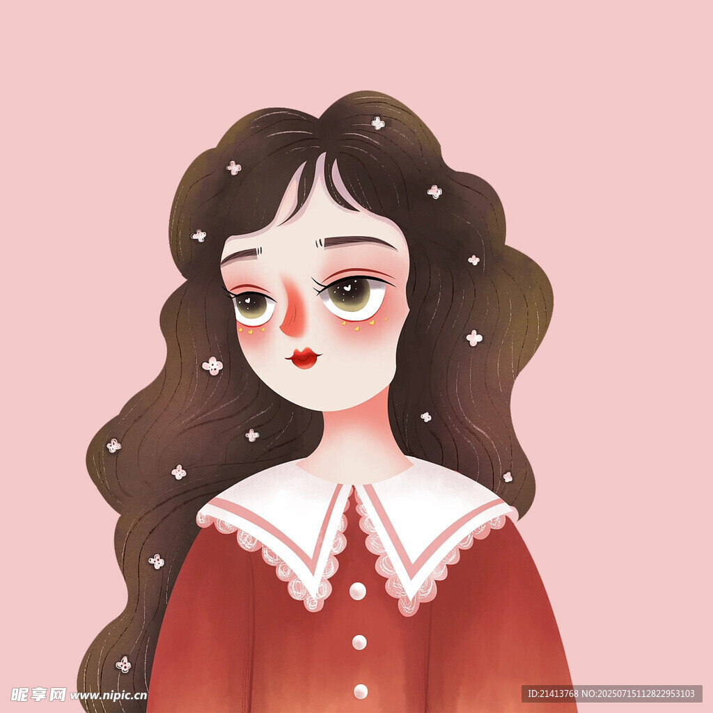 卷发红衣少女梦幻插画
