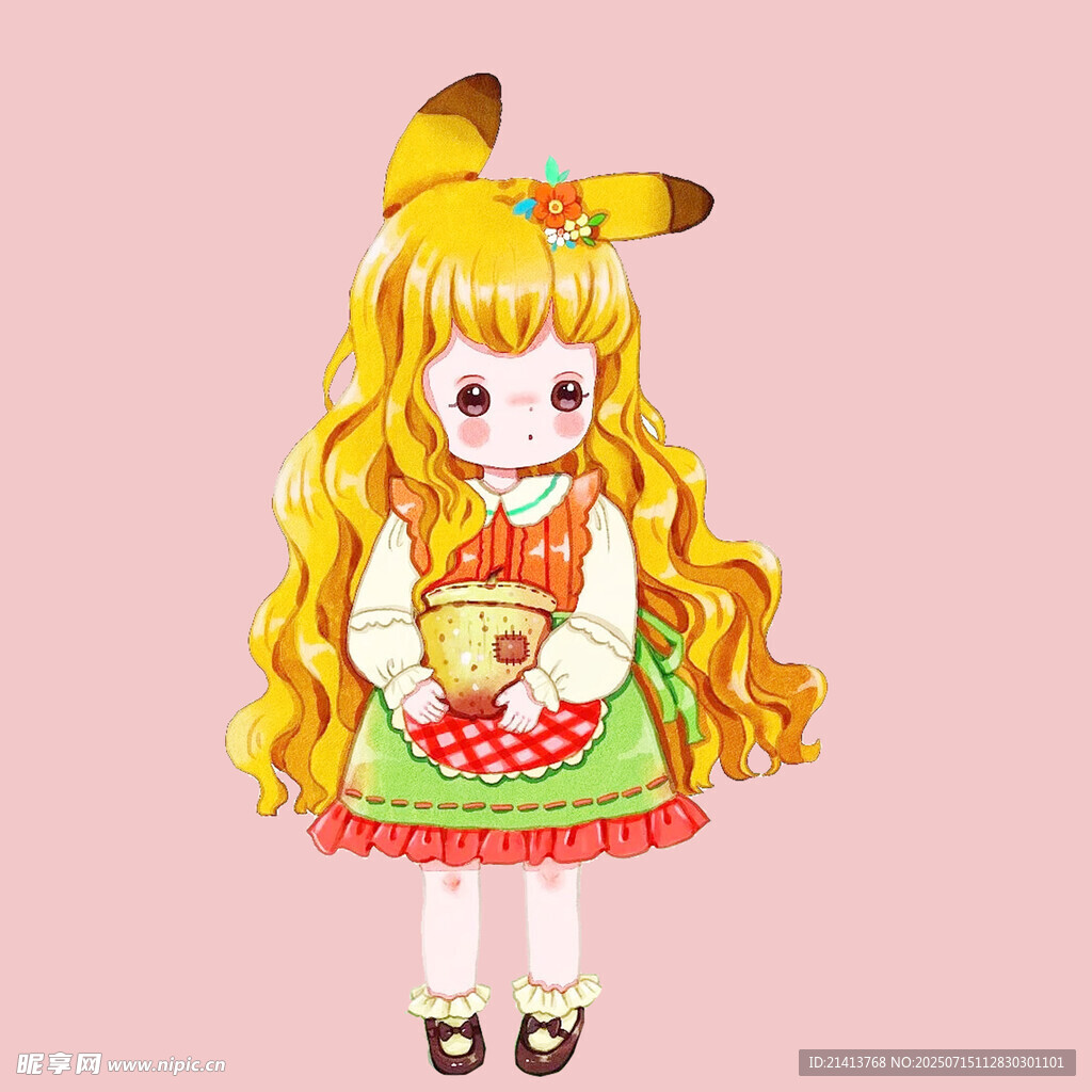 可爱兔耳女孩抱玩偶