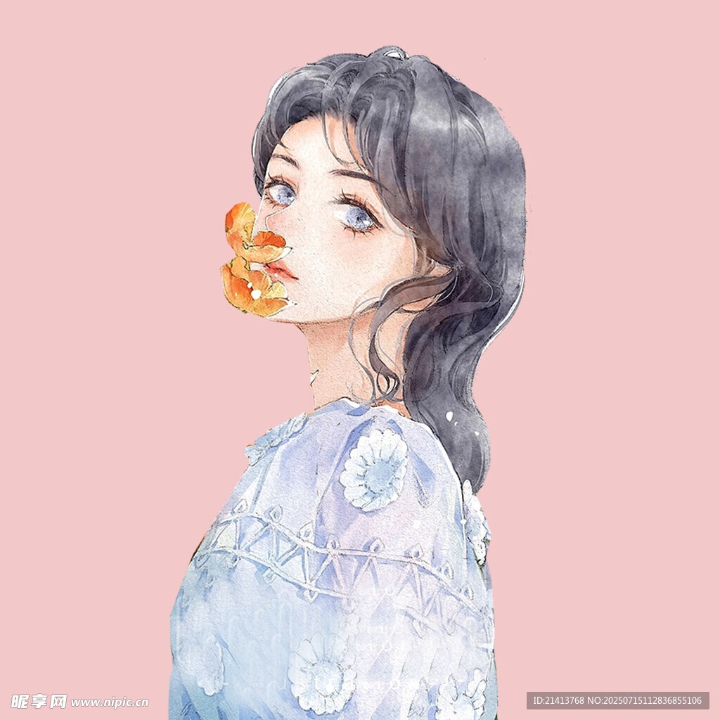 手持花朵的古风少女