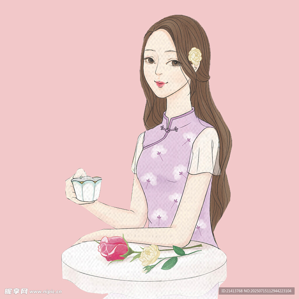 优雅女子桌边品茶赏玫瑰