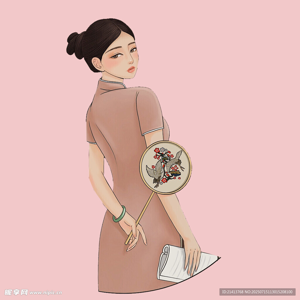 复古旗袍女子手持团扇