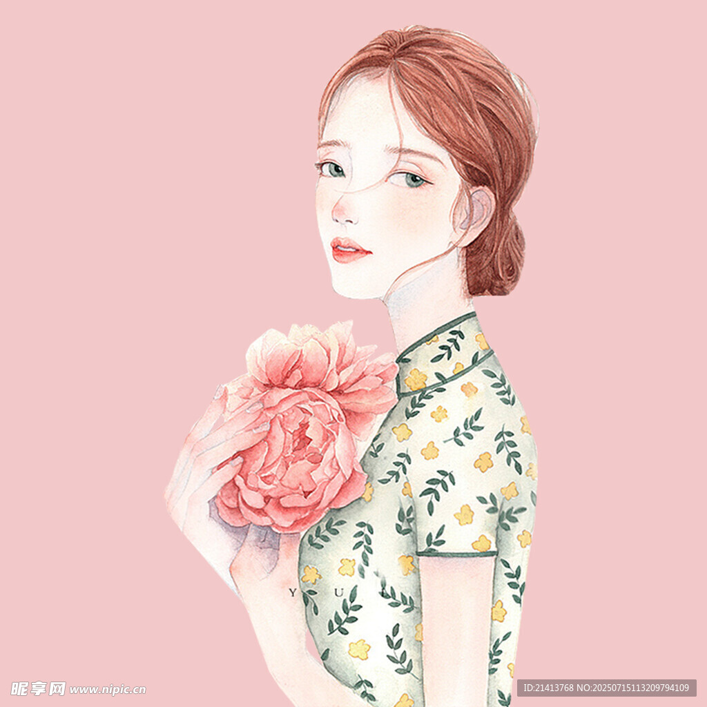 手持牡丹的中式优雅女子