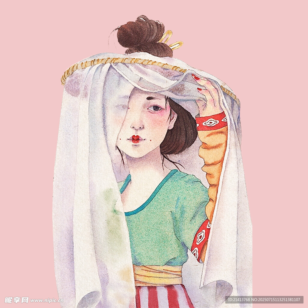 古风少女披纱持物图