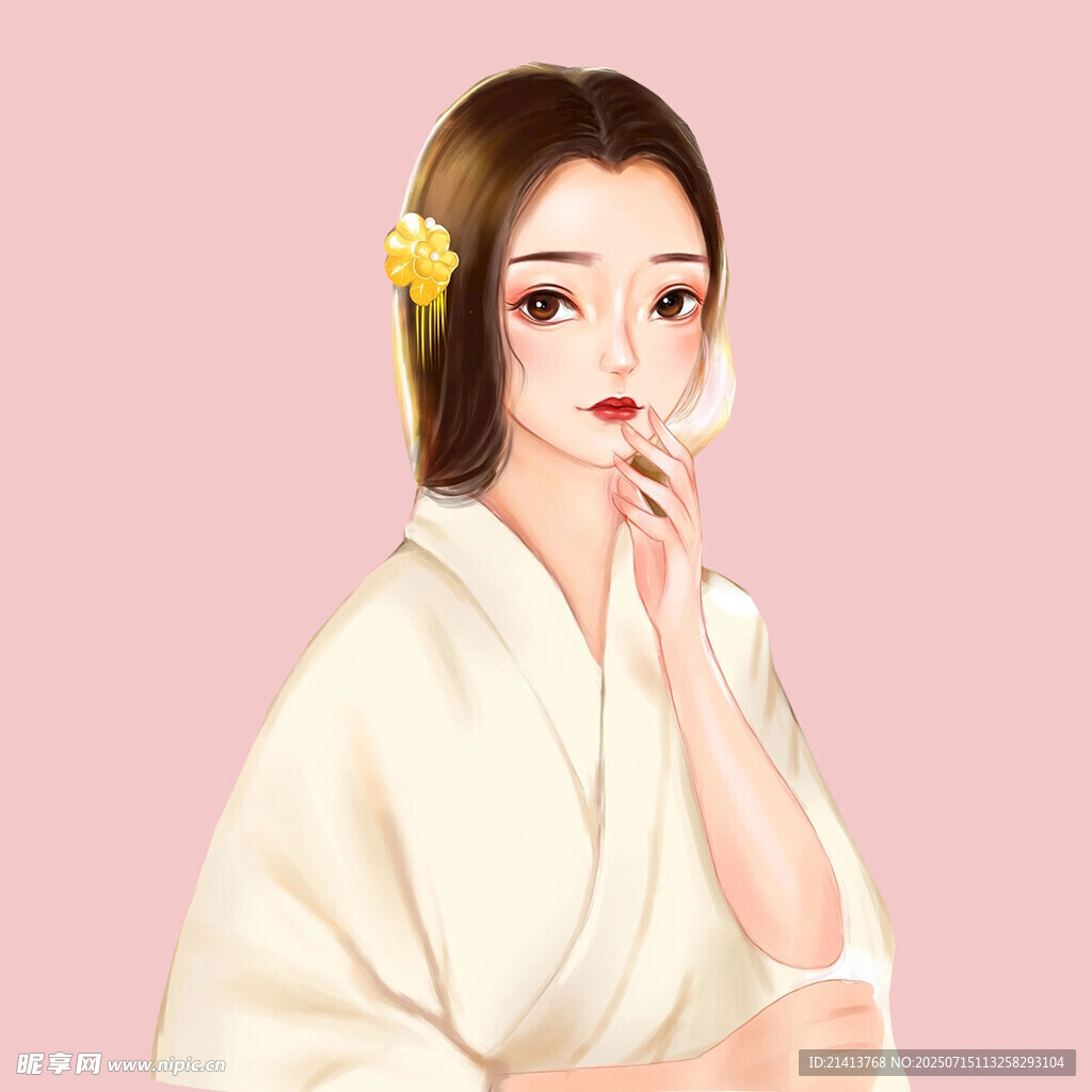 古风美人着素袍簪花