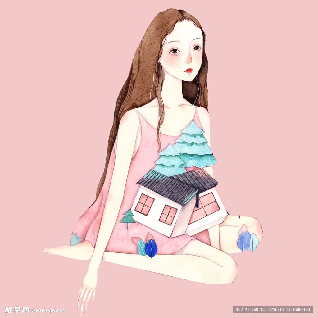 女孩怀抱梦幻小屋插画