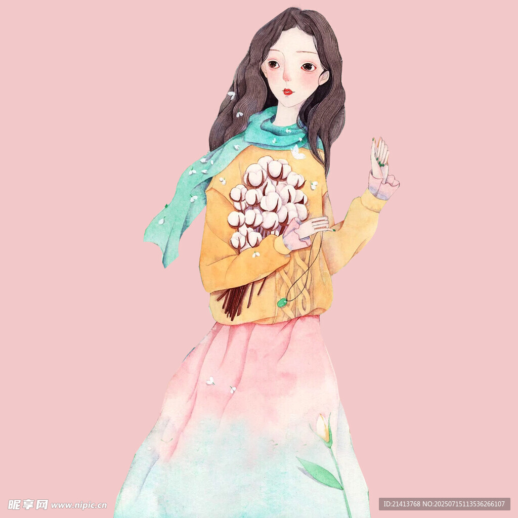 手持花束的优雅女孩