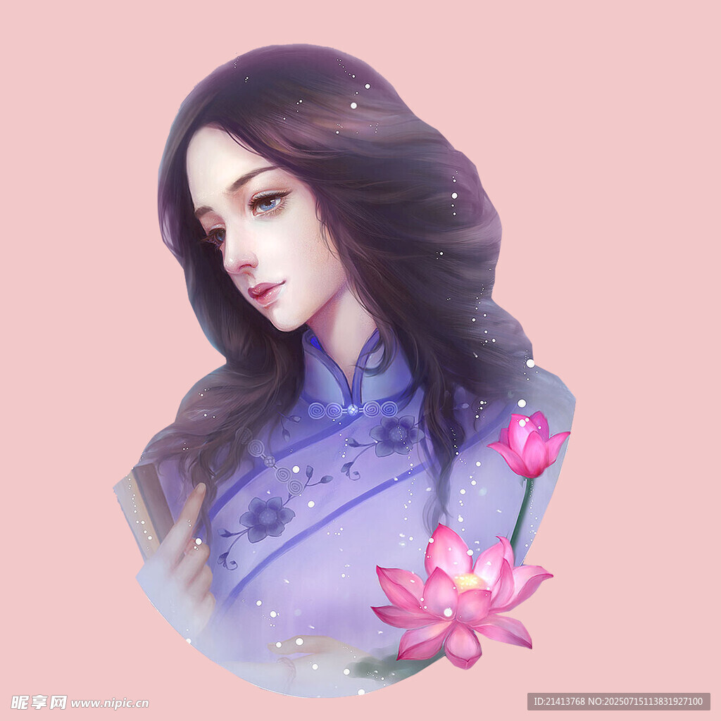 古风旗袍女子与荷花