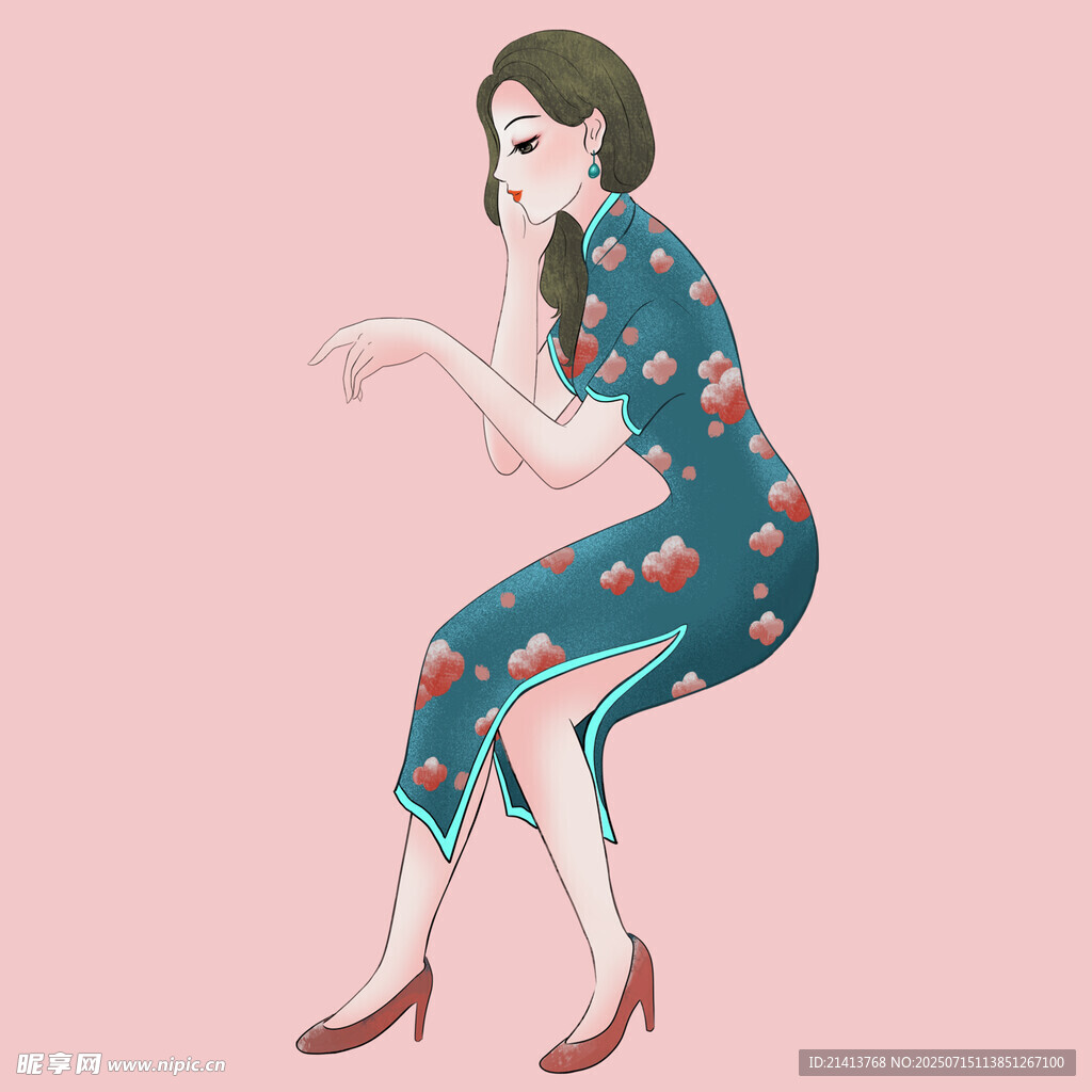 复古旗袍女子优雅姿态