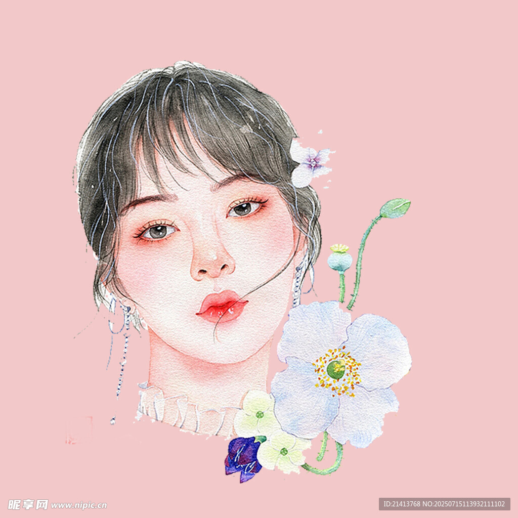 手绘清新少女与花卉