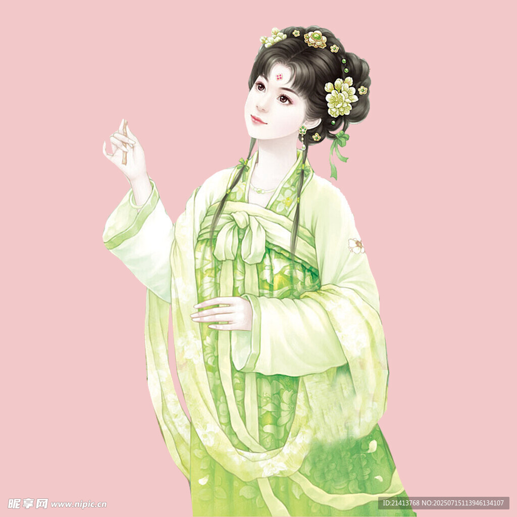 古典绿衣女子优雅姿态