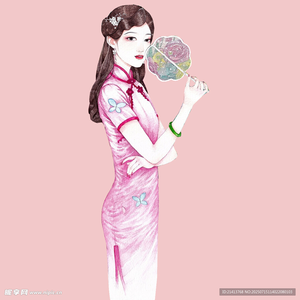 古典旗袍女子手持折扇