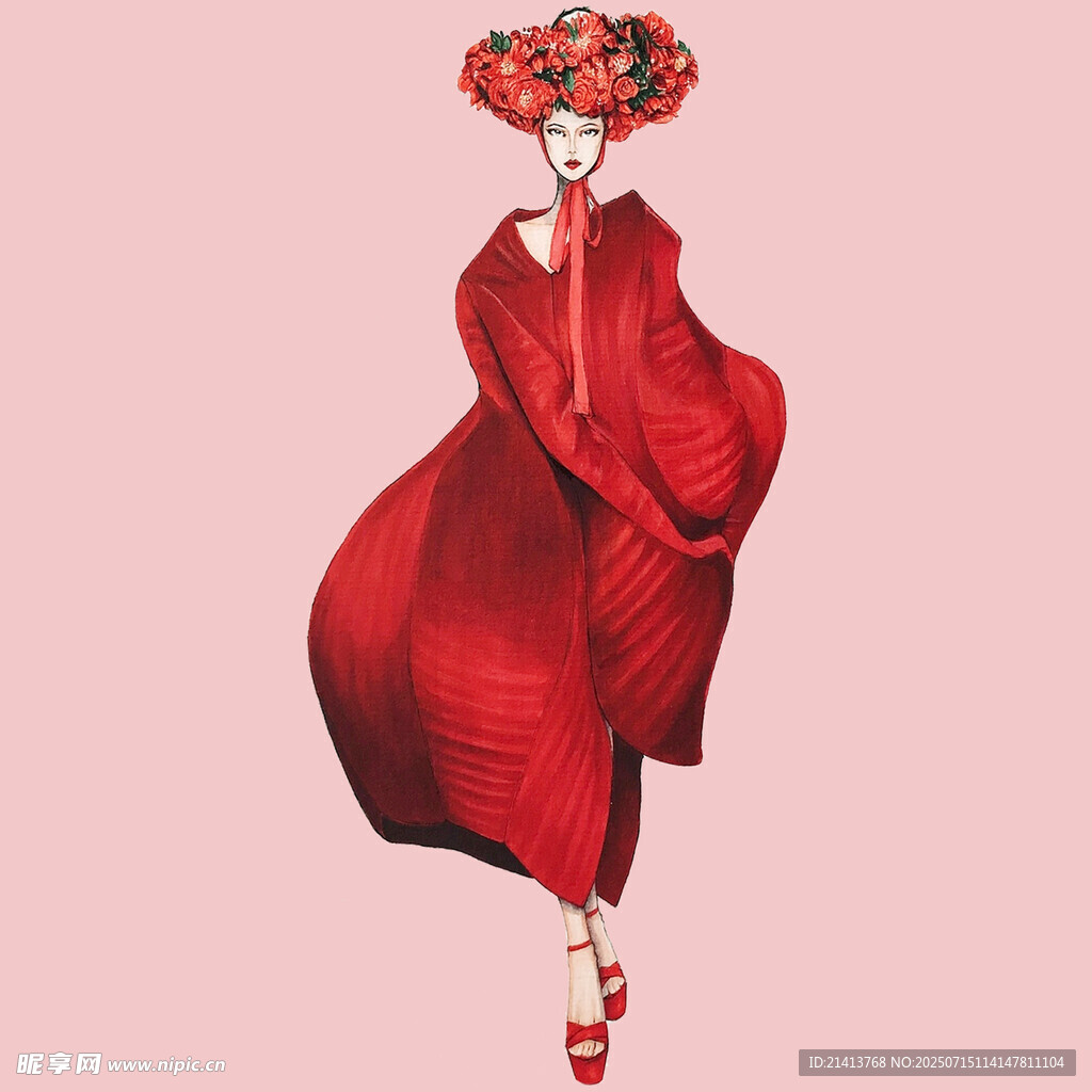红衣花朵帽时尚插画人物