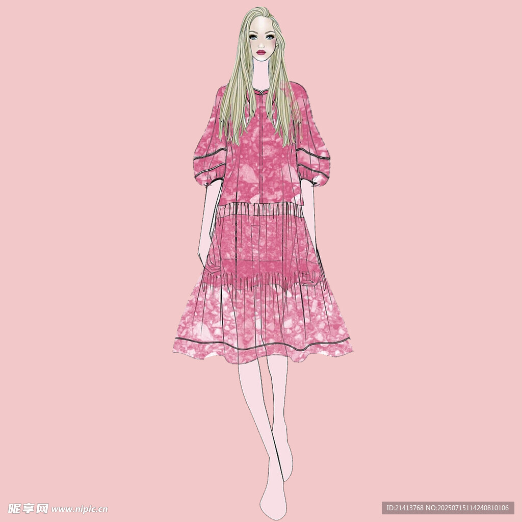 粉色花卉连衣裙女性插画
