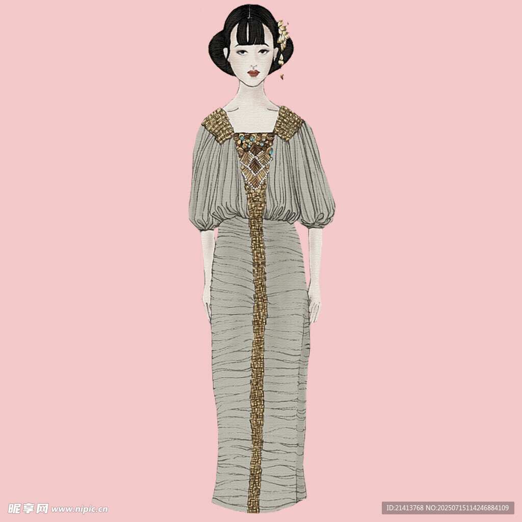 复古条纹中式长裙模特展示