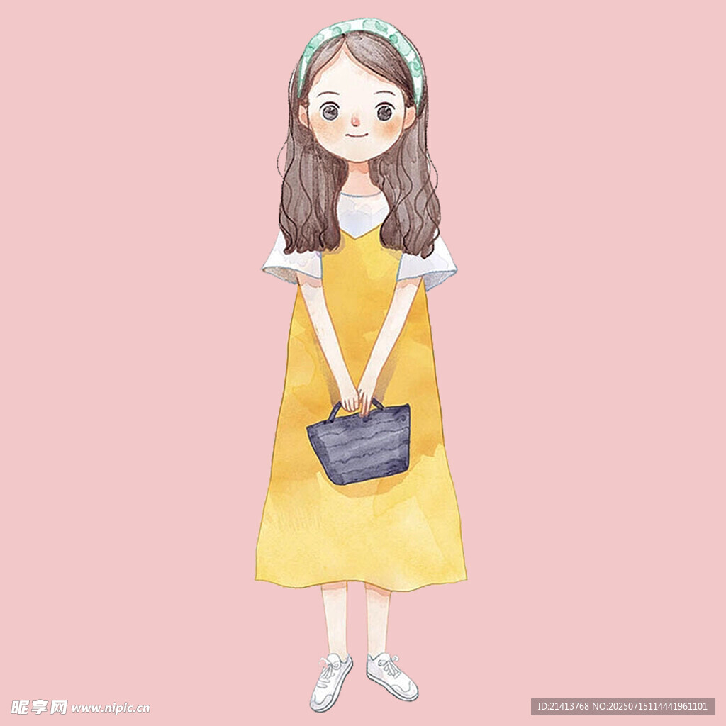 穿黄裙提包的甜美女孩