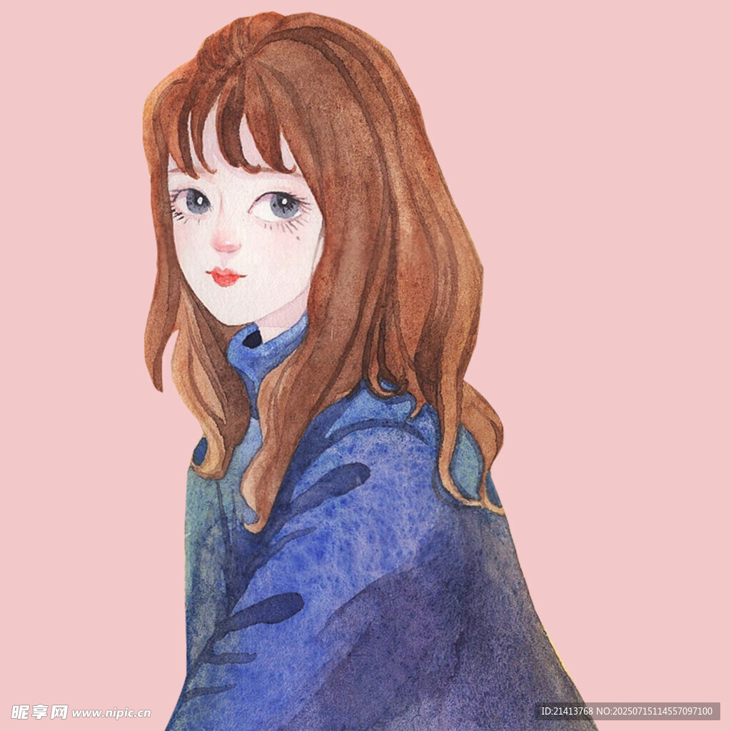 蓝衣红发女孩的清新插画
