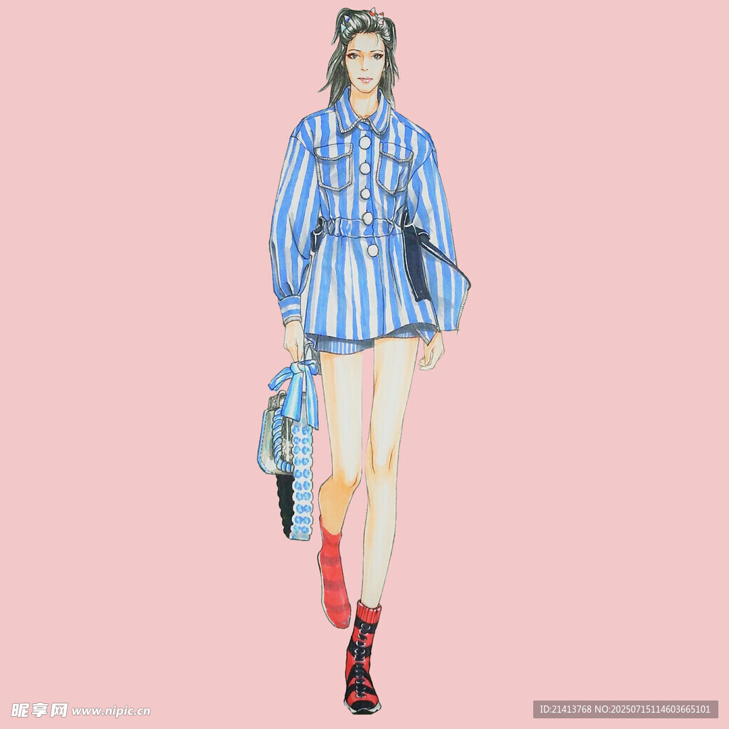 蓝条纹时尚女装模特展示