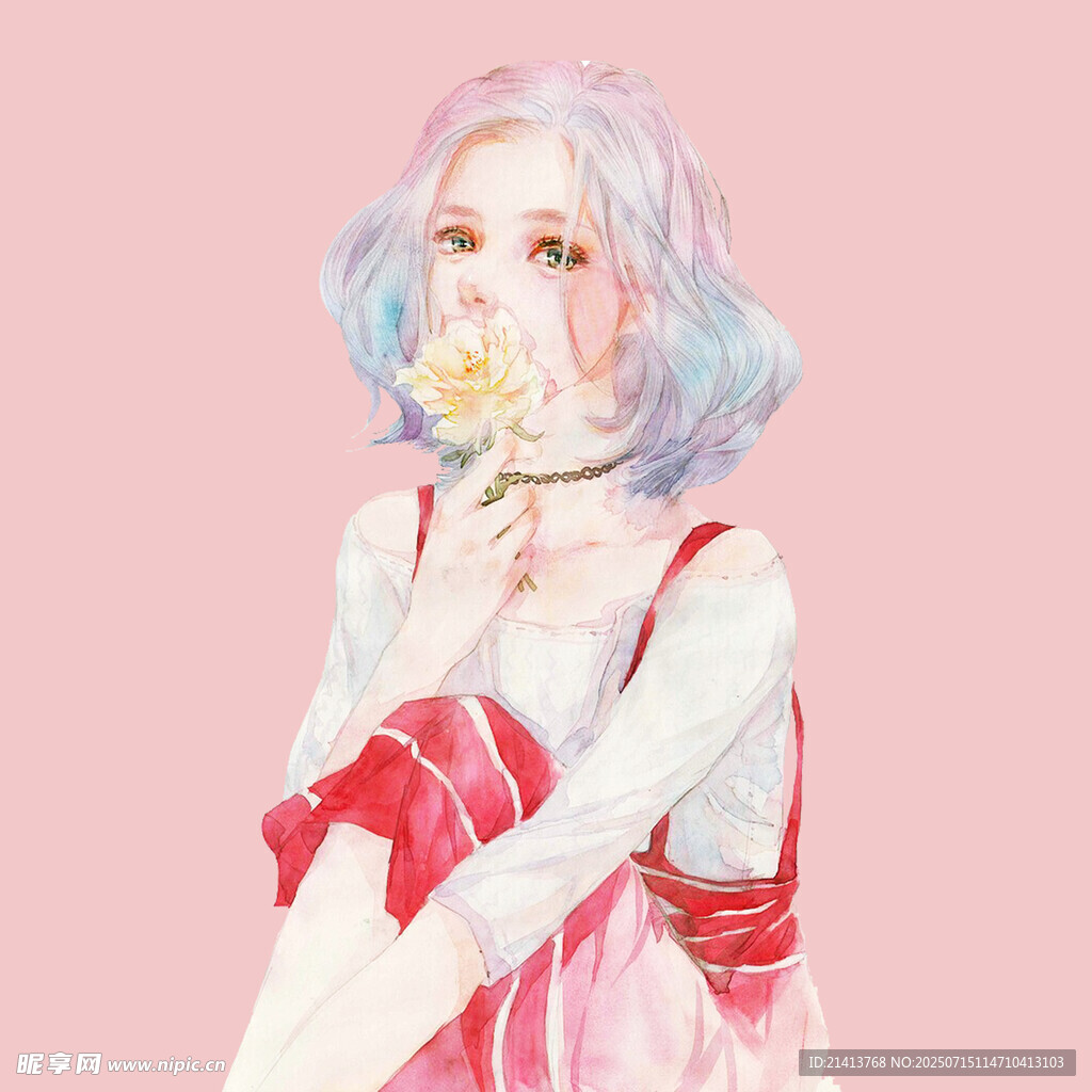 梦幻粉发少女手持花朵