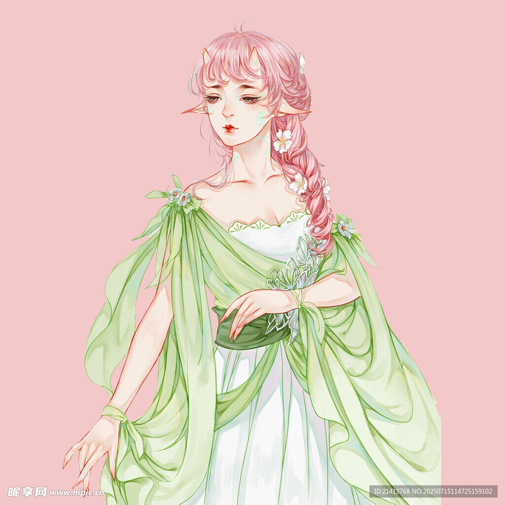粉色长发绿衣梦幻少女