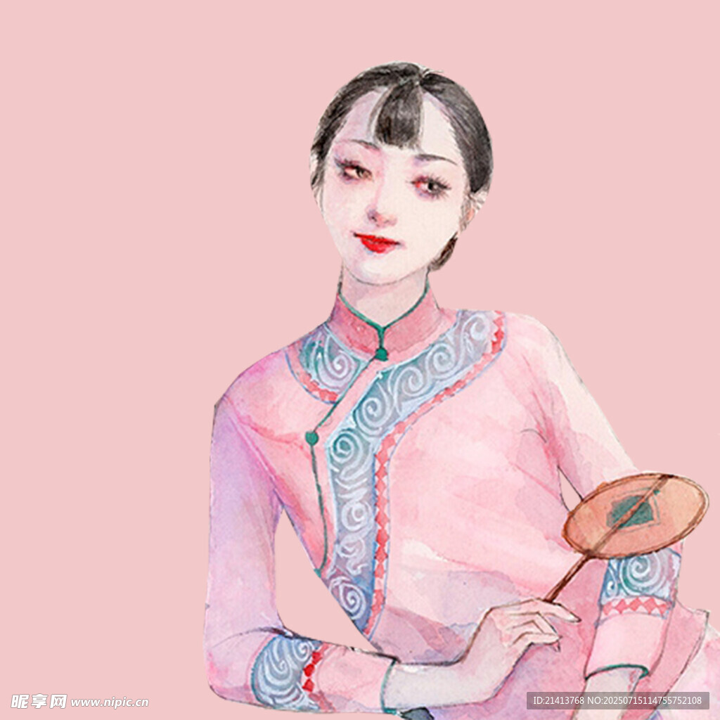 手持团扇的古典旗袍女子