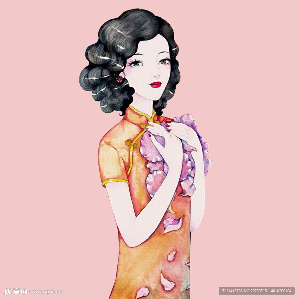 复古旗袍女子优雅姿态