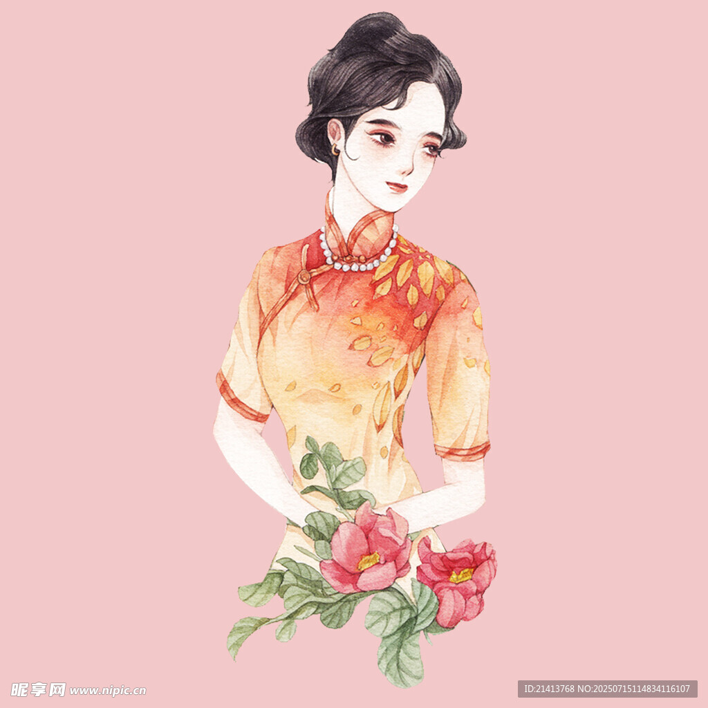 旗袍女子手持娇艳花朵