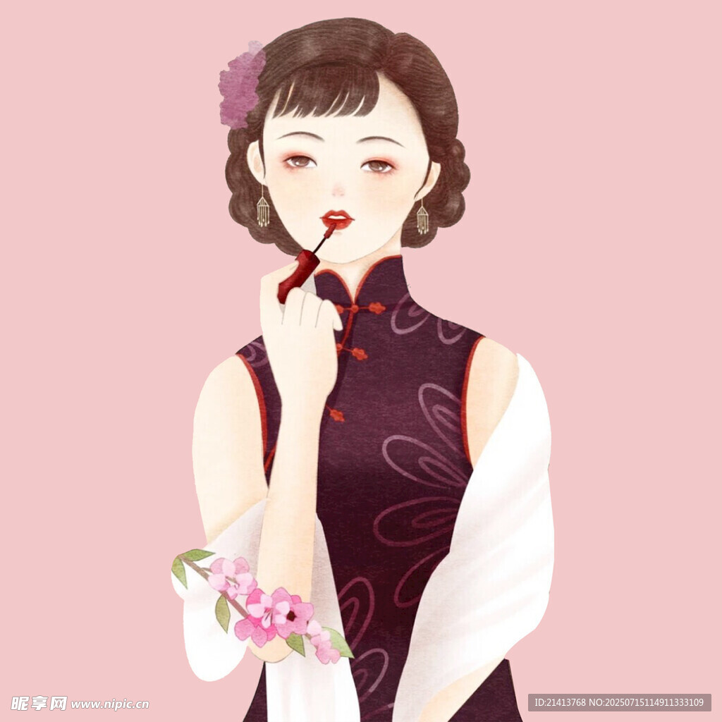 复古旗袍女子手持鲜花