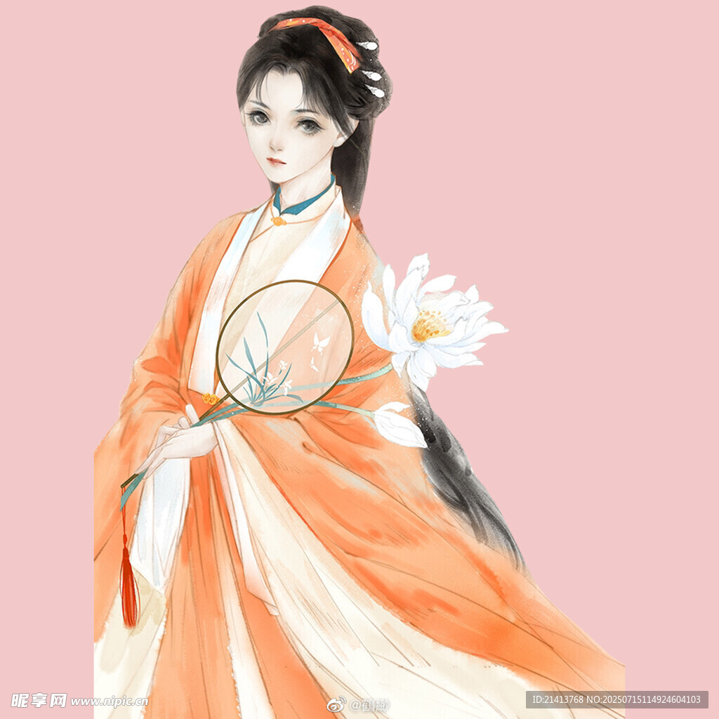 古风汉服女子持扇赏荷图