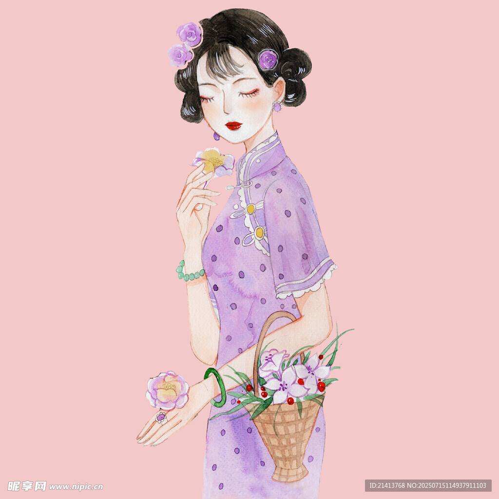 手持花篮的复古旗袍少女