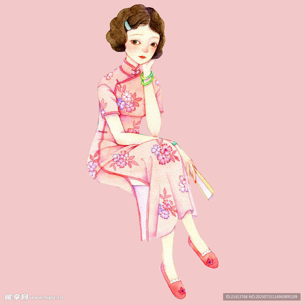 复古旗袍女子优雅坐姿