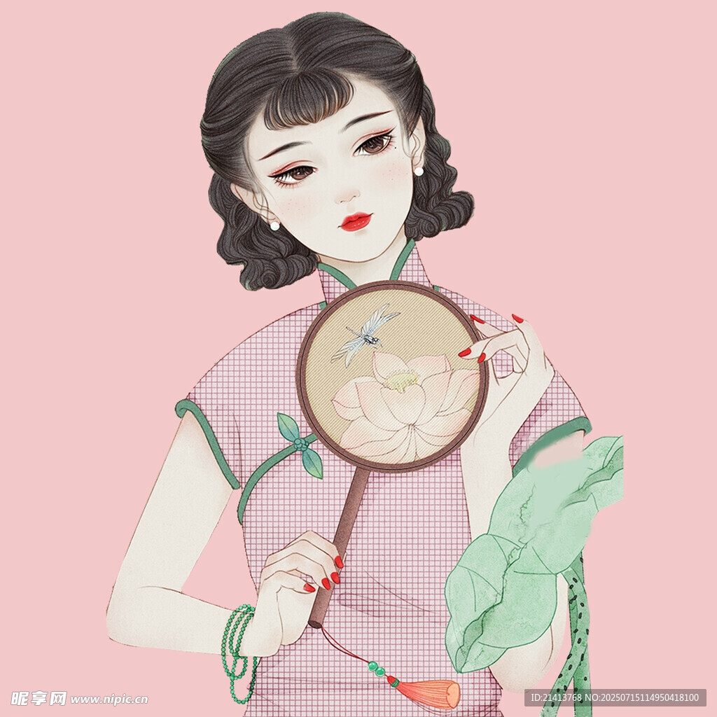 手持团扇的古典旗袍女子