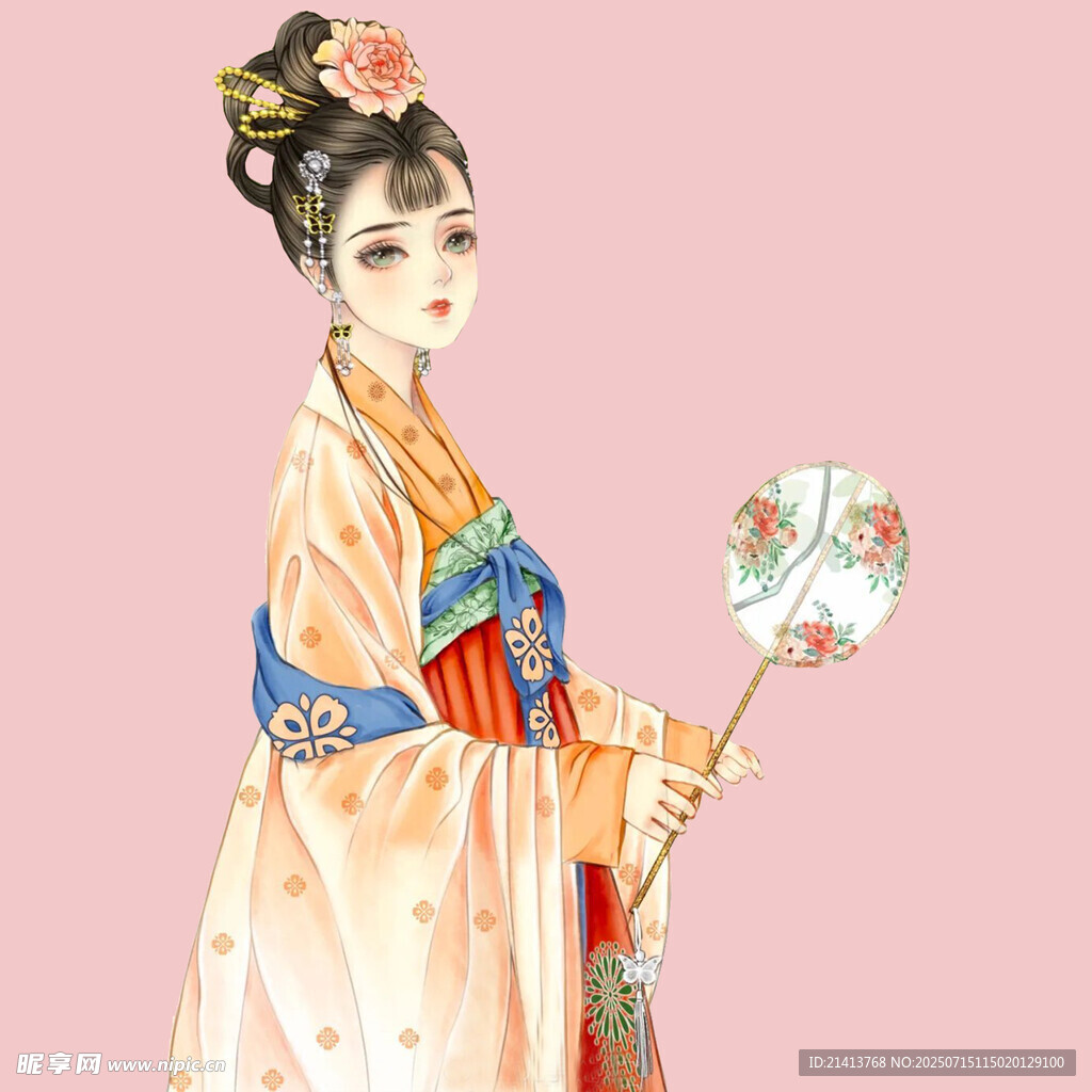 古风佳人持扇优雅而立