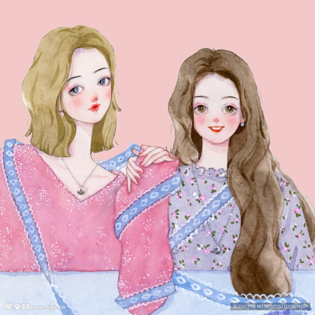 两位时尚长发女孩插画