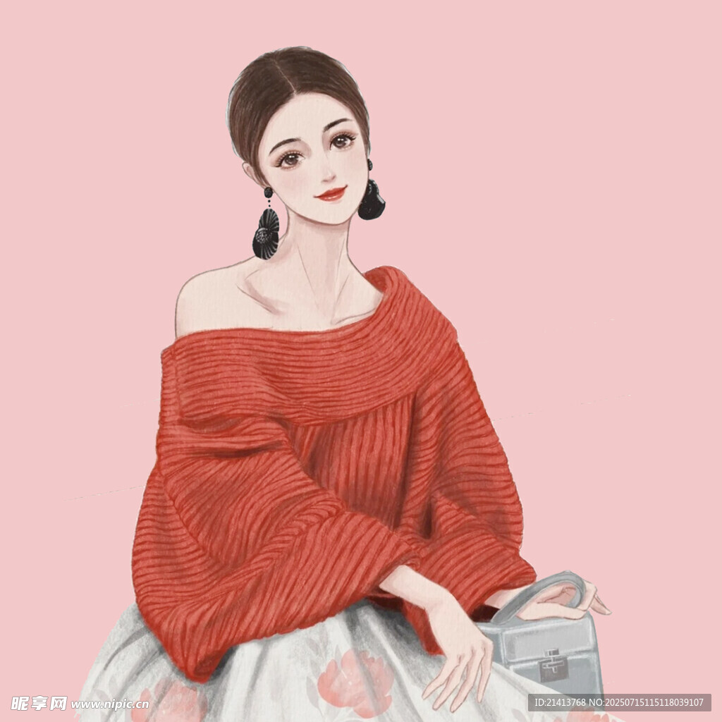 红衣女子优雅坐姿插画
