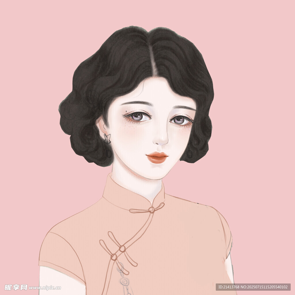 复古旗袍短发女子肖像