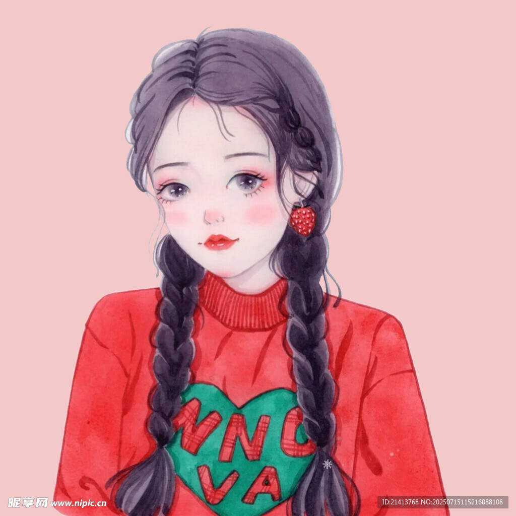 红衣双麻花辫甜美女孩